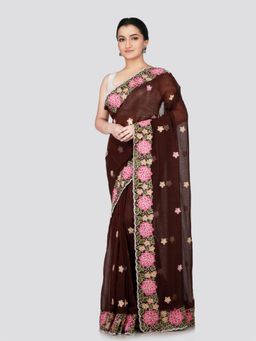 PinkLoom - Women's Brown Embroidered Mulmul Cotton Saree with Unstitched Blouse