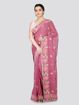 PinkLoom - Women's Pink Embroidered Mulmul Cotton Saree with Unstitched Blouse