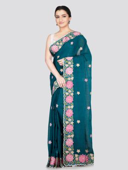 PinkLoom - Women's Teal Blue Embroidered Mulmul Cotton Saree with Unstitched Blouse