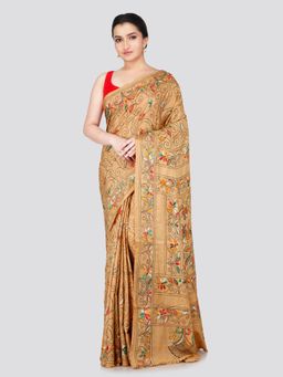 PinkLoom - Women's Beige Kantha Stitch Silk Saree with Unstitched Blouse