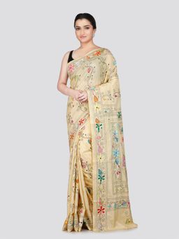 PinkLoom - Women's Beige Kantha Stitch Silk Saree with Unstitched Blouse