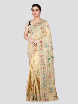 PinkLoom - Women's Beige Kantha Stitch Silk Saree with Unstitched Blouse