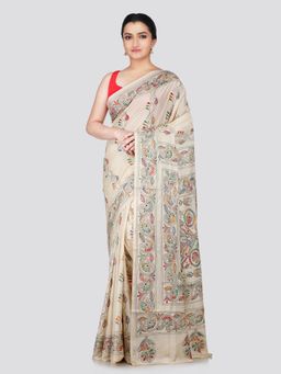 PinkLoom - Women's Off White Kantha Stitch Silk Saree with Unstitched Blouse