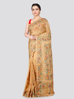 PinkLoom - Women's Beige Kantha Stitch Silk Saree with Unstitched Blouse