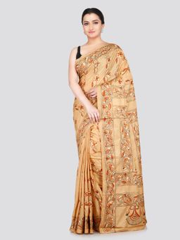PinkLoom - Women's Beige Kantha Stitch Silk Saree with Unstitched Blouse