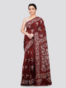 PinkLoom - Women's Beige Kantha Stitch Silk Saree with Unstitched Blouse