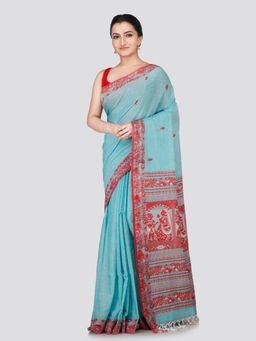 PinkLoom - Women's Turquoise Blue Cotton Saree with Unstitched Blouse