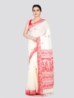 PinkLoom - Women's Off White Cotton Saree with Unstitched Blouse