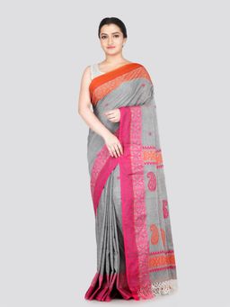 PinkLoom - Women's Dark Grey Cotton Saree with Unstitched Blouse