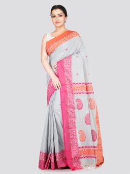 PinkLoom - Women's Grey Cotton Saree with Unstitched Blouse
