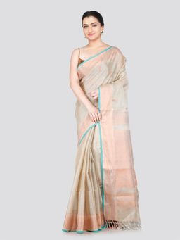 PinkLoom - Women's Beige Cotton Silk Saree with Unstitched Blouse