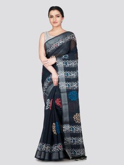 PinkLoom - Women's Black Printed Linen Silk Saree with Unstitched Blouse