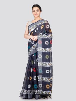 PinkLoom - Women's Blue Printed Linen Silk Saree with Unstitched Blouse