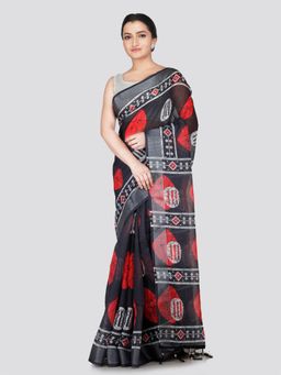 PinkLoom - Women's Red Printed Linen Silk Saree with Unstitched Blouse