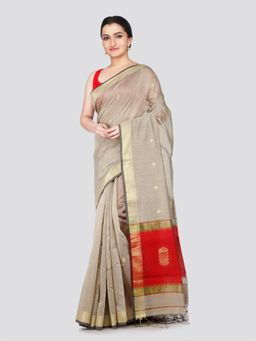 PinkLoom - Women's Beige Cotton Silk Saree with Unstitched Blouse