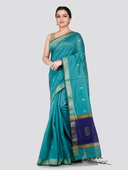 PinkLoom - Women's Turquoise Blue Cotton Silk Saree with Unstitched Blouse