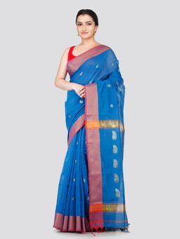 PinkLoom - Women's Blue Cotton Silk Saree with Unstitched Blouse