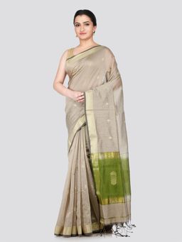 PinkLoom - Women's Beige Cotton Silk Saree with Unstitched Blouse