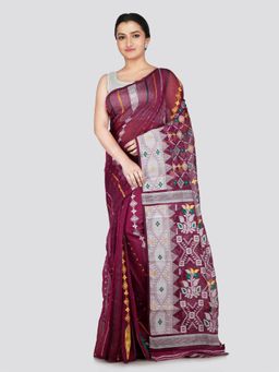 PinkLoom - Women's Wine Soft Cotton Jamdani Saree Without Blouse Piece with Unstitched Blouse
