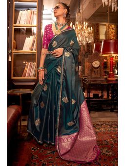 Mysilklove - Bunker Green Banarasi Satin Saree Without Blouse