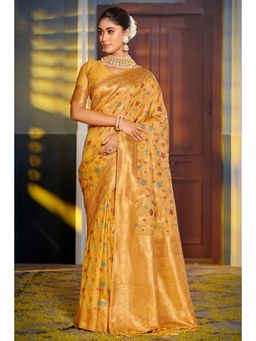 Mysilklove - Tulip Tree Mustard Zari Woven Banarasi Saree Without Blouse