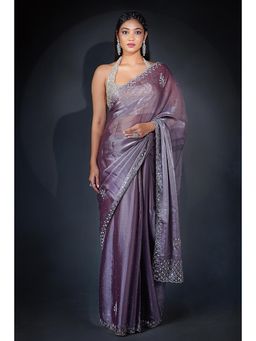SAREE.COM - Purple Satin Organza Embellished Saree In Diamond and Cutdana with Unstitched Blouse