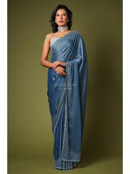 SAREE.COM - Slate Blue Saree In Satin Silk with Beads & Diamond Embellished Border & Unstitched Blouse