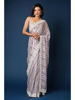 SAREE.COM - Multi Printed Striped Saree In Satin Organza with Sequins Embroidery & Unstitched Blouse