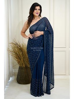 SAREE.COM - Rama Teal Checks Stone and Pearl Work Saree In Georgette with Unstitched Blouse