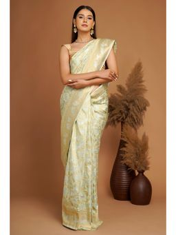 SAREE.COM - Pista Green Floral Woven Jaal Saree In Silk with Bird & Animal Motifs & Unstitched Blouse
