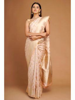 SAREE.COM - Peach Woven Moroccan Jaal Traditional Saree In Silk with Unstitched Blouse