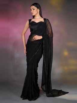 SAREE.COM - Black Georgette Cutdana Work Embellished Saree with Unstitched Blouse