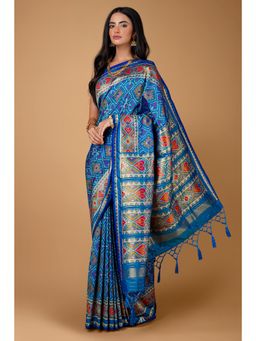 SAREE.COM - Sky Blue Traditional Patola Woven Saree In Silk with Unstitched Blouse