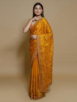 SAREE.COM - Mustard Shimmer Organza Embroidered Saree with Unstitched Blouse
