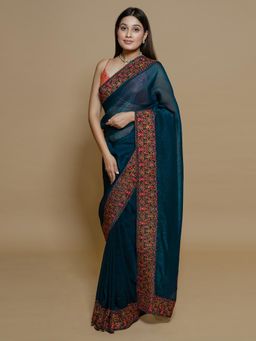 SAREE.COM - Teal Chiffon Georgette Embroidery and Swarovski Work Saree with Unstitched Blouse