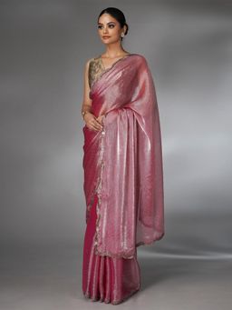 SAREE.COM - Onion Pink Organza Swarovski Worked Saree with Scallop Cutdana Border & Unstitched Blouse