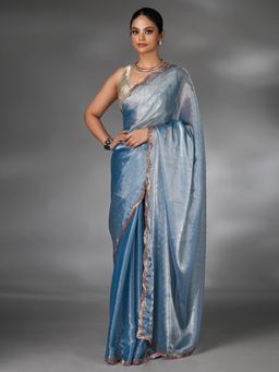 SAREE.COM - Powder Blue Organza Swarovski Worked Saree with Scallop Cutdana Border & Unstitched Blouse