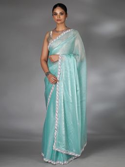 SAREE.COM - Light Blue Chiffon Organza Swarovski Saree with Bead and Cutdana Lace & Unstitched Blouse