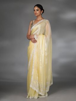 SAREE.COM - Light Yellow Chiffon Organza Diamond Worked Saree with Unstitched Blouse