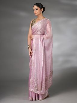 SAREE.COM - Light Pink Chiffon Organza Diamond and Swarovski Worked Saree with Unstitched Blouse