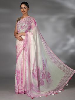 SAREE.COM - Off White and Pink Shimmer Floral Printed Saree with Green Highlights & Unstitched Blouse