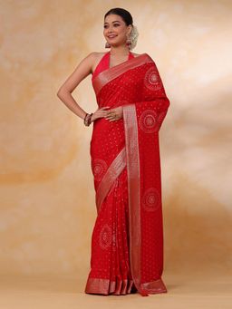 SAREE.COM - Red Art Silk Foil Printed Saree with Unstitched Blouse