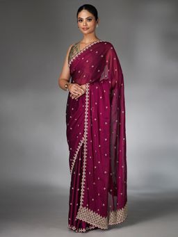 SAREE.COM - Wine Art Silk Handworked Saree with Unstitched Blouse