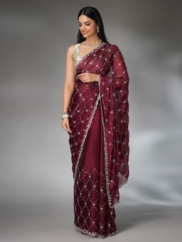 SAREE.COM - Maroon Cutdana Worked Saree In Organza with Unstitched Blouse