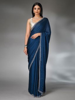 SAREE.COM - Prussian Teal Satin Georgette Diamond Worked Saree with Unstitched Blouse