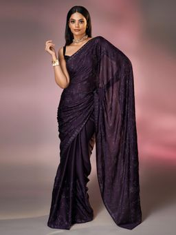 SAREE.COM - Dark Purple Satin Silk Swarovski Worked Saree with Unstitched Blouse