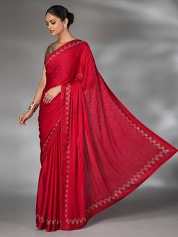 SAREE.COM - Red Satin Silk Swarovski Worked Saree with Unstitched Blouse