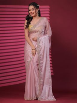SAREE.COM - Light Pink Shimmer Chiffon Saree with Mirror Embellished Border & Unstitched Blouse