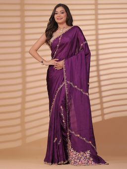 SAREE.COM - Purple Uppada Silk Embellished Handworked Saree with Unstitched Blouse