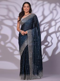 SAREE.COM - Teal Glass Tissue Sequin Worked Saree with Unstitched Blouse